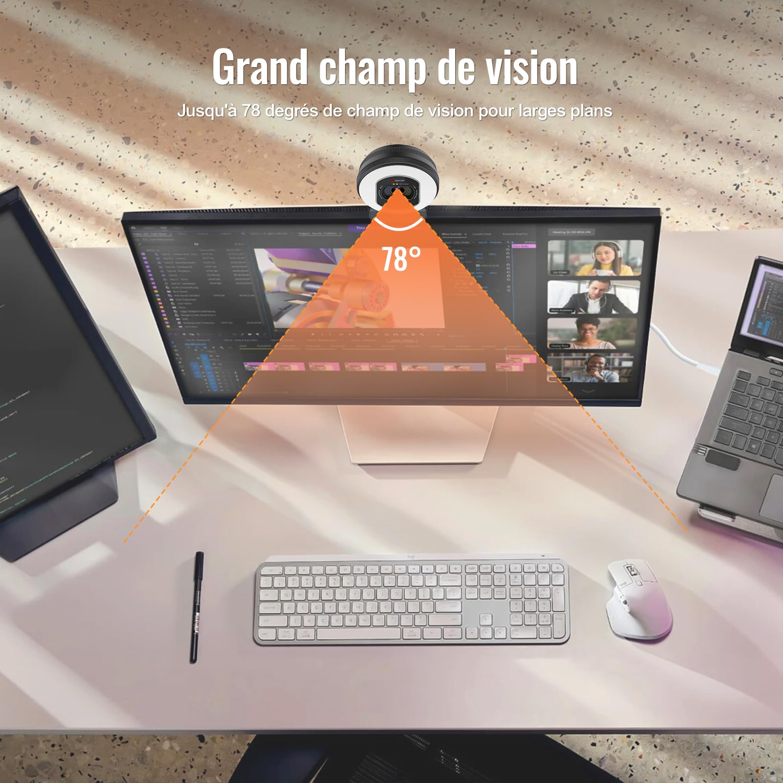 Angetube Webcam 4K avec lumière –caméra de Streaming de PC à autofocus PDAF | Webcam USB 1080P 60FPS avec double micro à réduction de bruit IA et cache-objectif intégré. Pour laptops,Mac et Windows