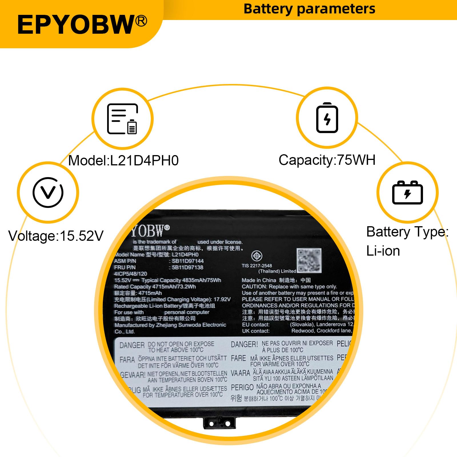 Amazon.com: EPYOBW L21D4PH0 Laptop Battery 75Wh 4835mAh 4-Cell