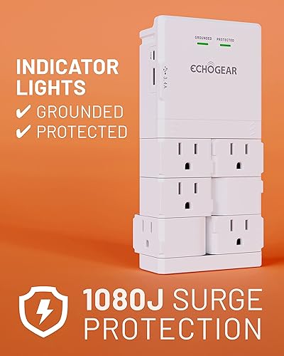 Miniatura 4 de ECHOGEAR Toma de pared con puertos USB y protección contra sobretensiones, 8 dispositivos 6 enchufes giratorios de CA, 2 incluye 1 puerto USB-C