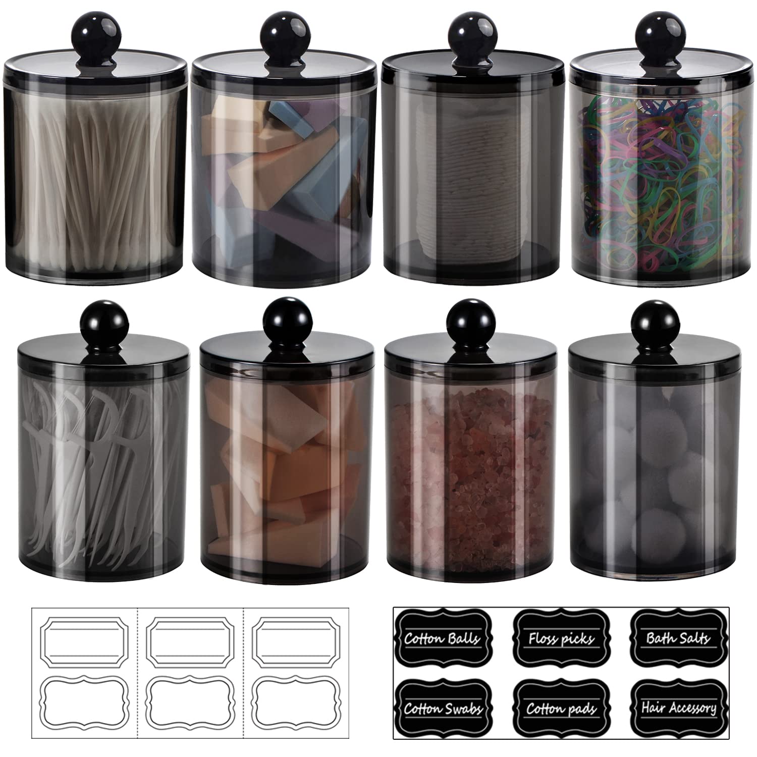 SheeChung 8-Pack Qtip Holder Black Acrylic Canister Apothecary Jars with Lids 12 Labels - 4 10oz 4 12oz