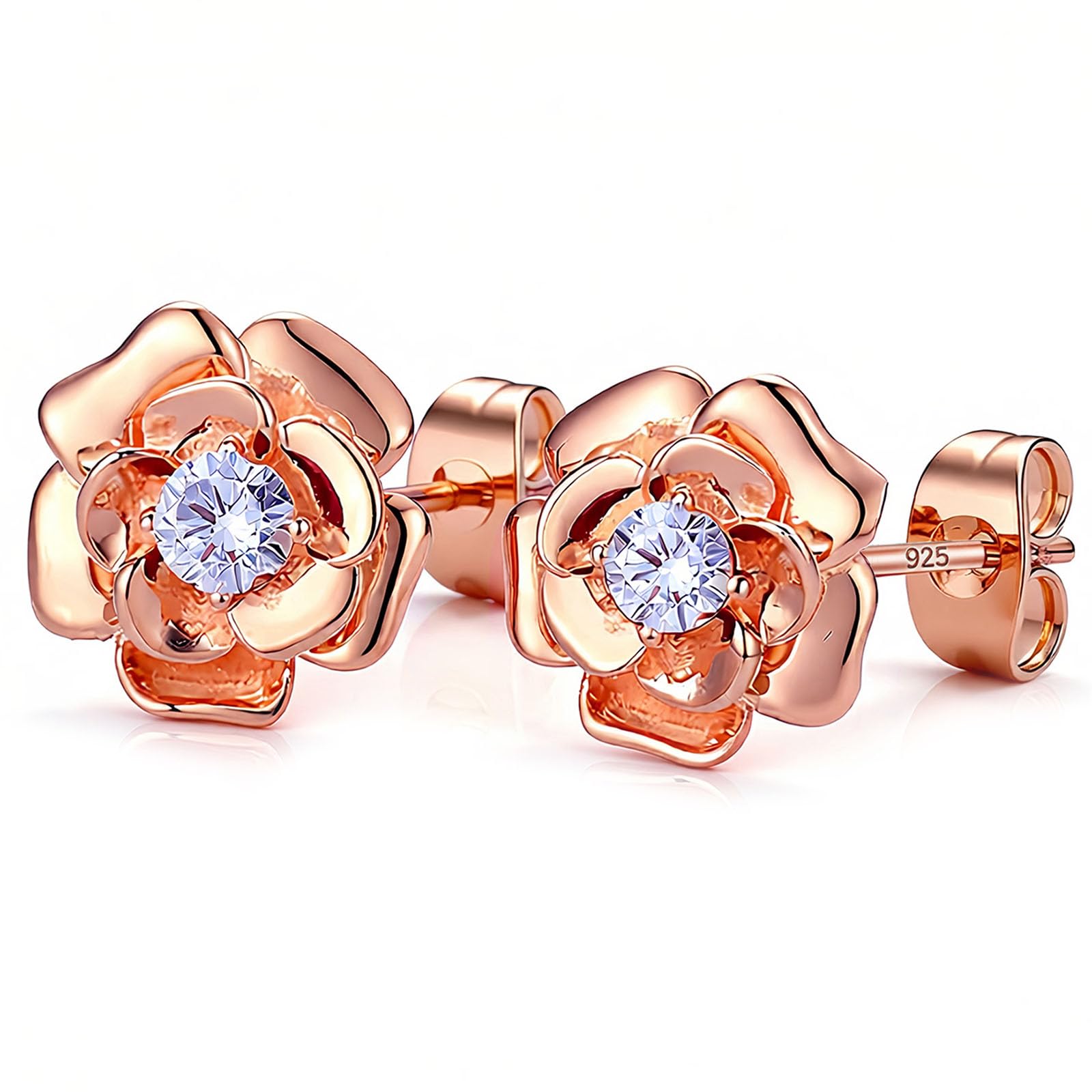 14K Gold Rose Flower Sterling Silver Stud Earrings For Women Dainty Rose Gold Pearl Earrings Hypoallergenic Earrings Cute Studs For Her Nickel Free