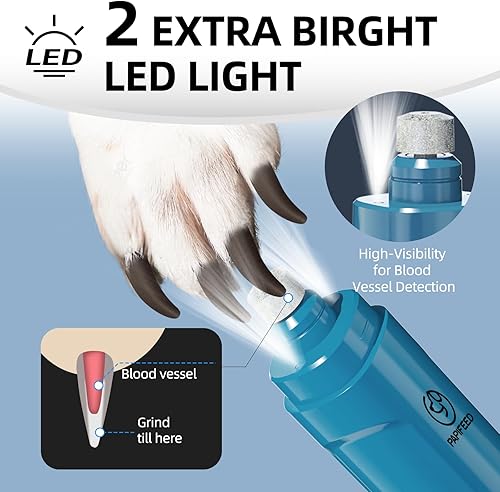 Miniatura 5 de PAPIFEED Molinillo de uñas para perros con 2 luces LED, recortadora de uñas recargable de 3 velocidades, potente lima de uñas eléctrica mejorada,