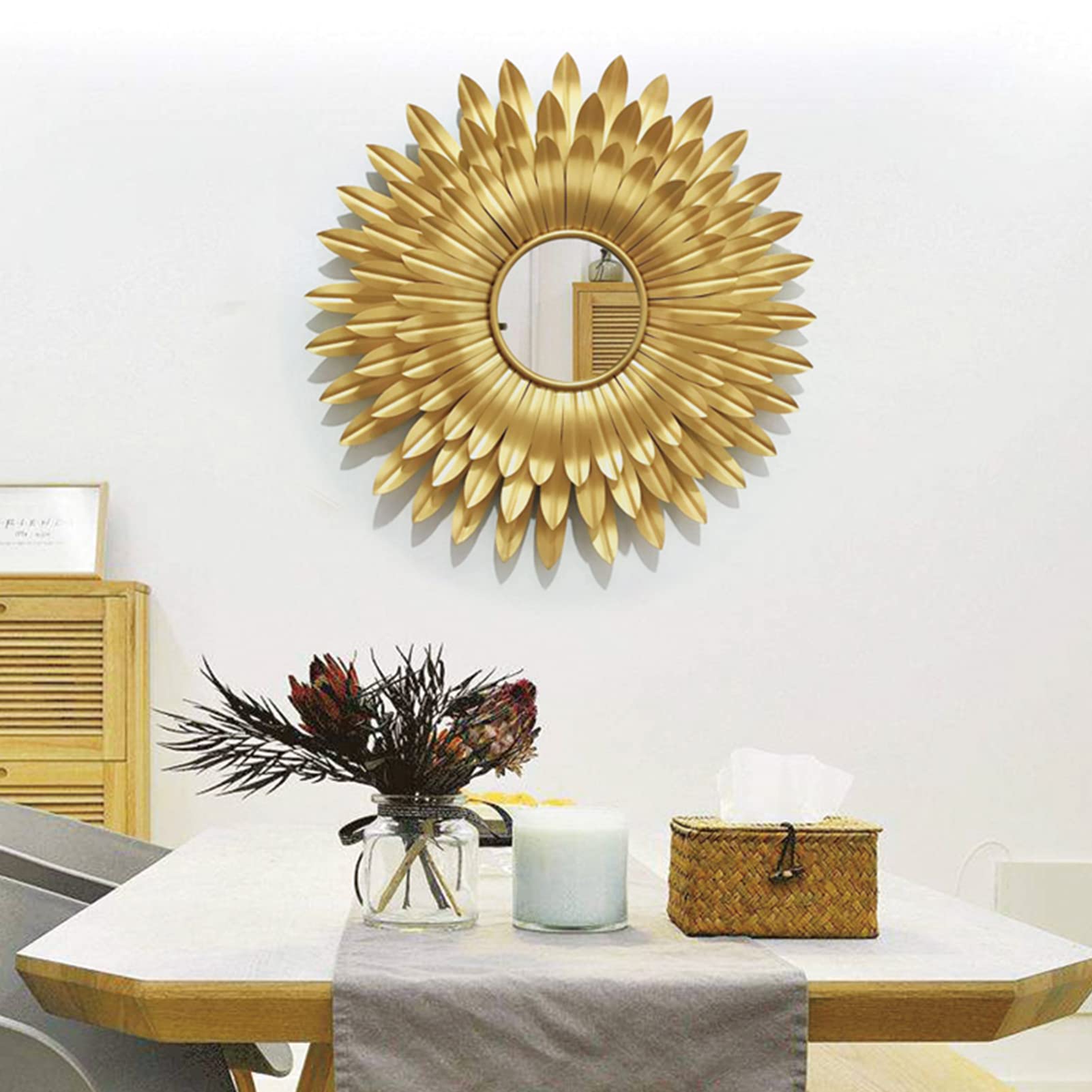 Gold Sunburst Wandspiegel, Metall Dekorative Wandspiegel, Wandspiegel zum Aufhängen für Wohnzimmer, Moderner Akzentspiegel Wanddekor für Schlafzimmer Kamin