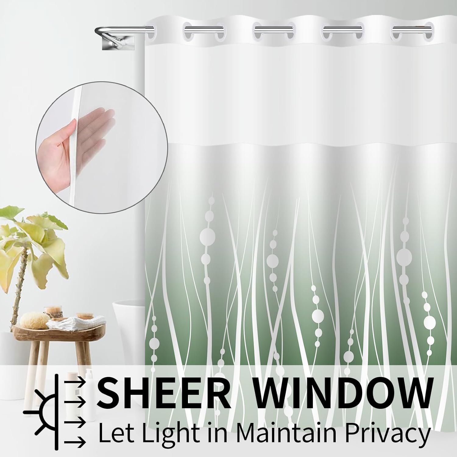 No Hook Design Stripe Shower Curtain Sage Green Gradient Background with White Stripes Create a Minimalist Style Modern Hotel Shower Curtain 71x74inch