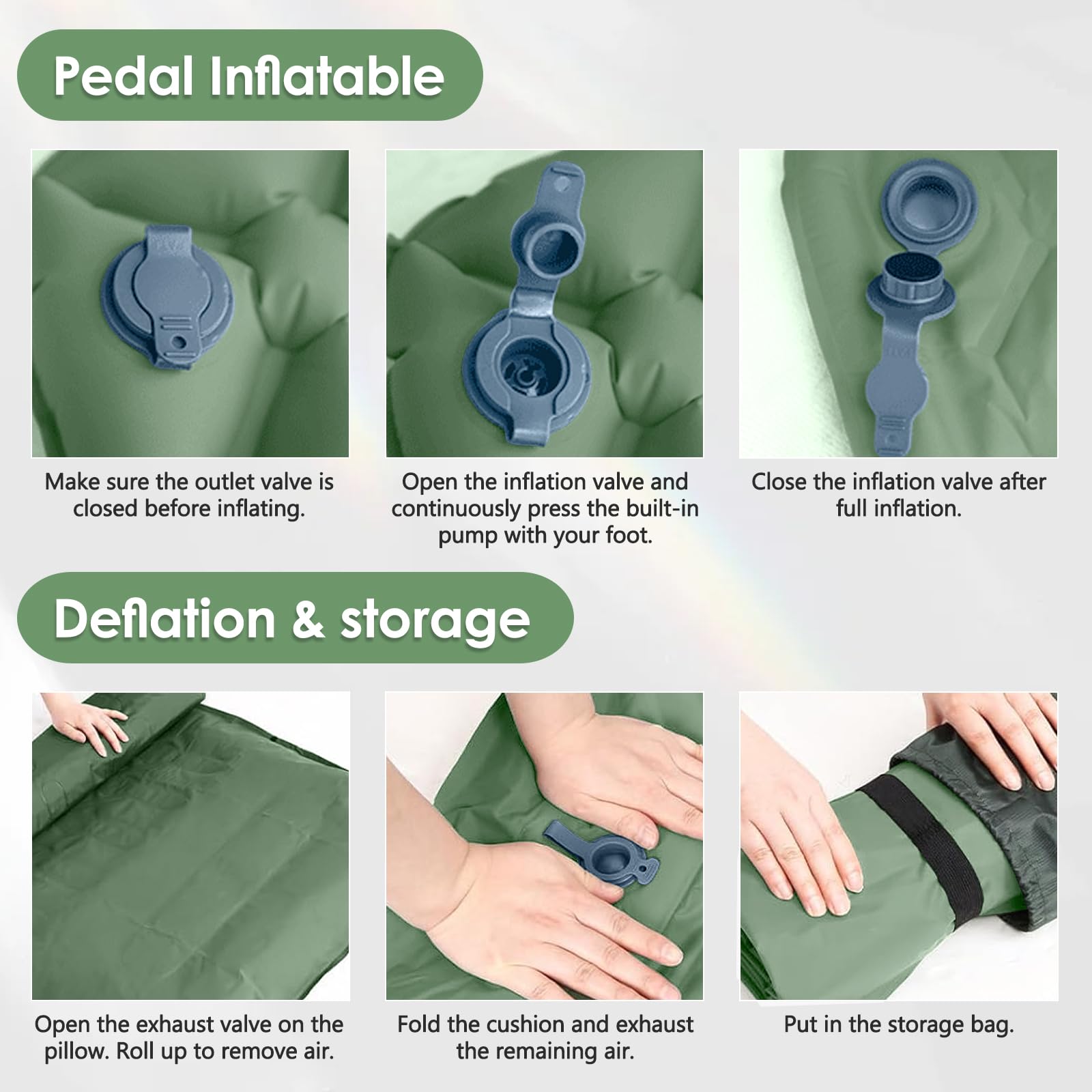 Matelas Gonflable, Matelas de Camping Autogonflant, Matelas Camping Portable, Matelas Pneumatique Ultraléger avec Pompe à Pied et Oreiller, 195cm x 60cm x 5cm, pour Extérie, Voyage (Vert)