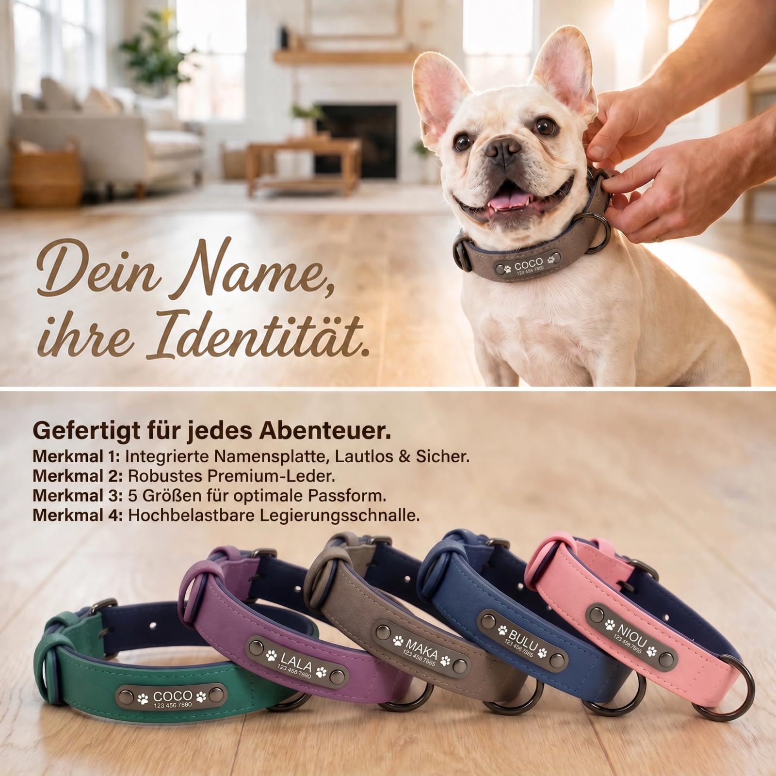 Personalisiertes Leder Hundehalsband mit Namensschild, Name & Tel. Gravur | Hundehalsband mit Namensschild (innen & außen Leder). Mit Gravur von Name, Nummer & Motiven. Ideal für Outdoor.