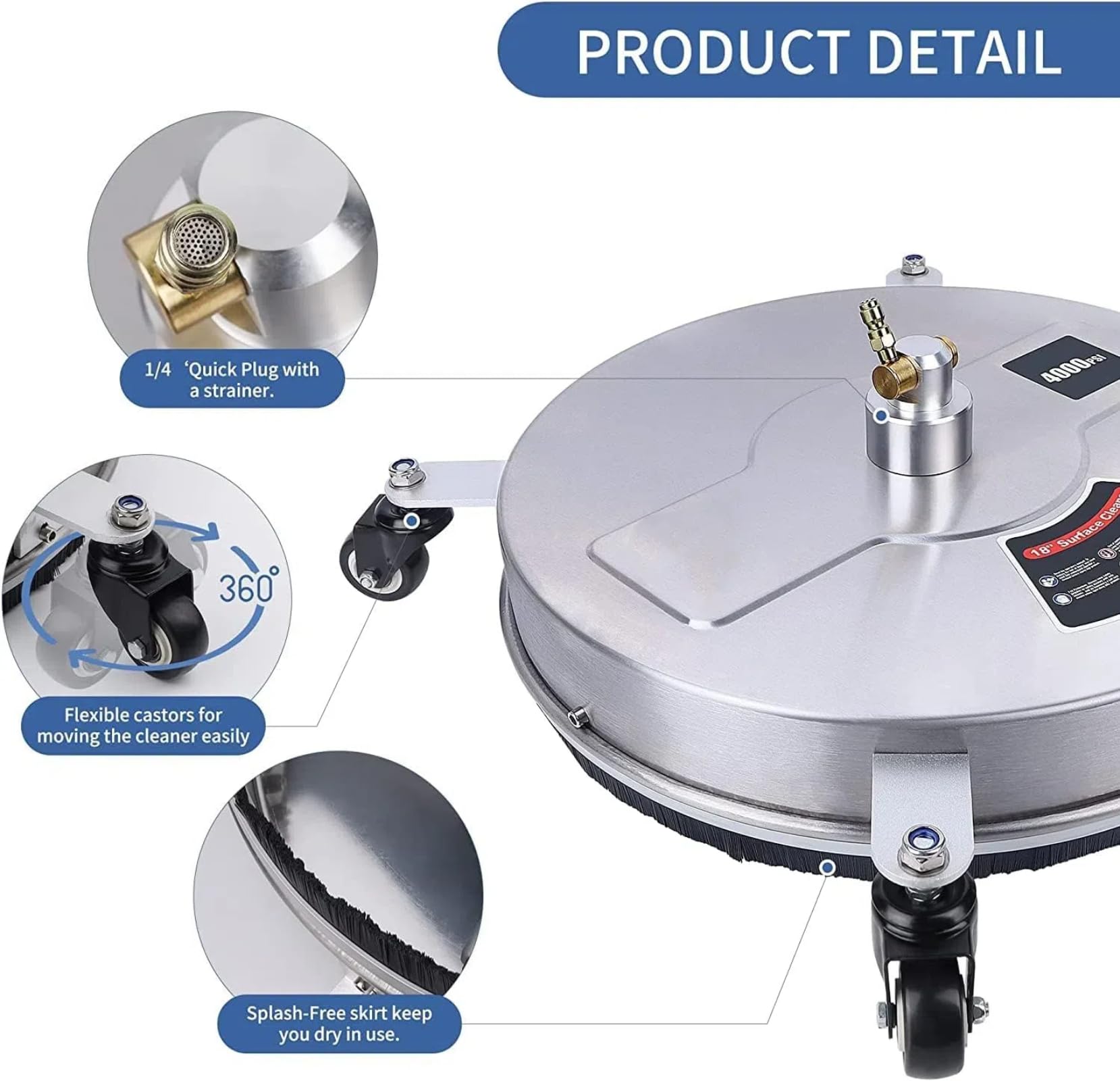 Pulitore ad alta pressione da 33 cm con 4 ruote, alloggiamento in acciaio inox e connettore rapido da 1/4", accessorio per idropulitrice con 2 barre di prolunga, 2 ugelli di ricambio, 4000 PSI (13