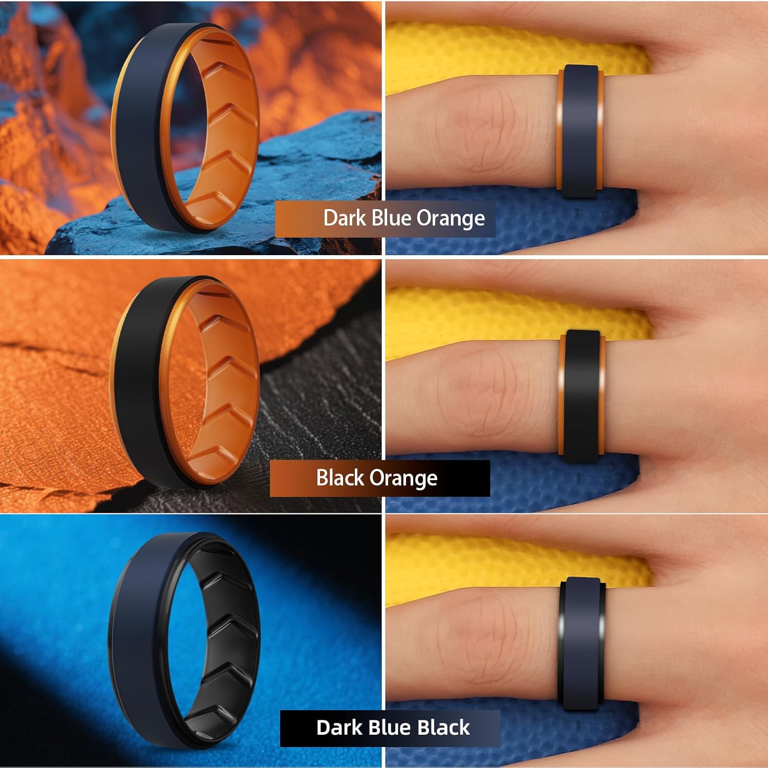 Silicone Wedding Rings for Men 1/4/5/6/7 Multipack of Breathable Airflow Inner Grooves,Step Edge Sleek Design Rubber Engagement Bands 8.5mm Wide 2mm Thick - Image 3