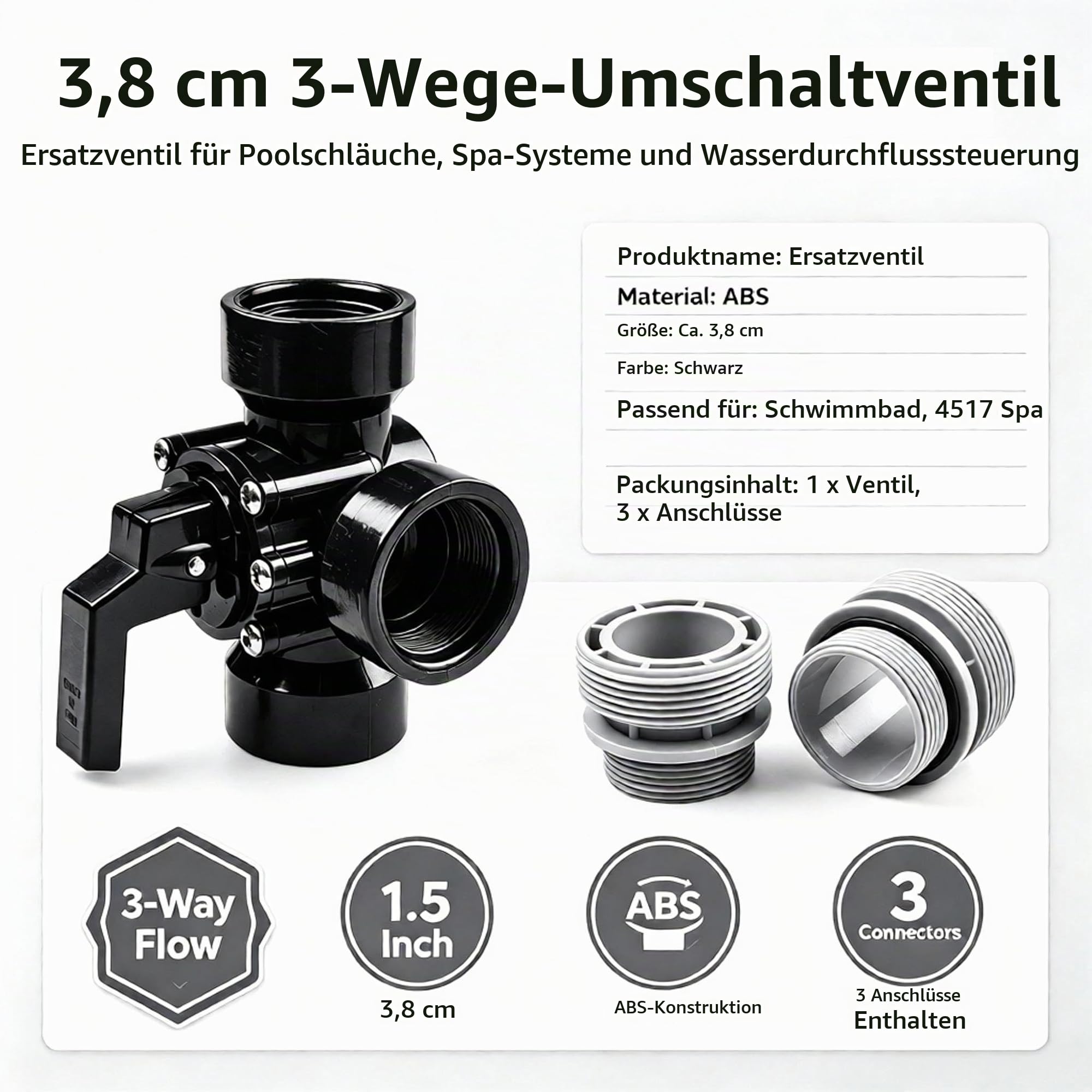 3.8 cm 3 Wege Poolventil Sandpumpe Portventil 4517 Spa Umlenkdichtung Ventil Schwimmbadpumpe Anschluss Schlauch Ventil Set