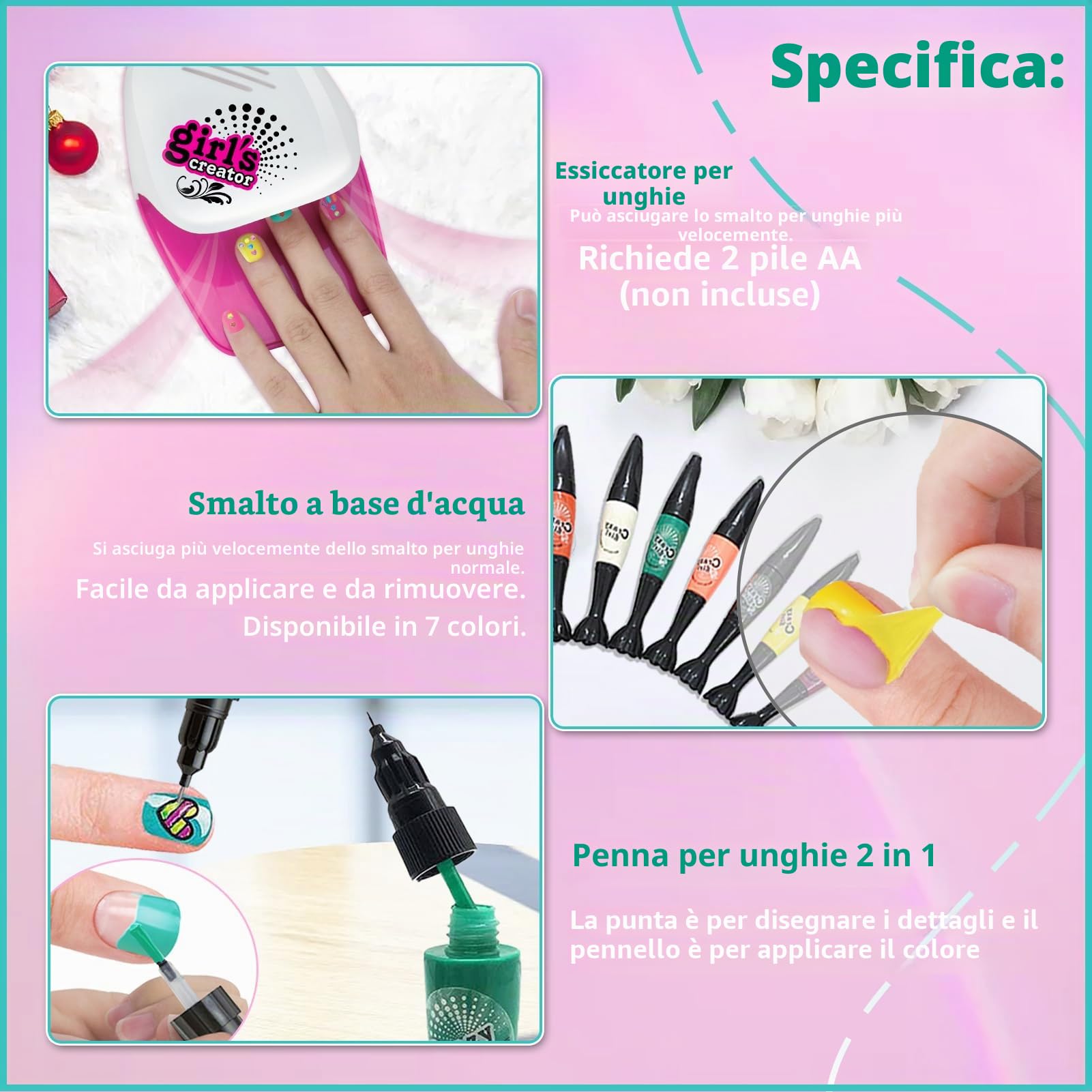 18Pz Kit Unghie Bambina, Set Nail Art per Bambine e Ragazze 3 6 7 8 9 10 12 anni, Unghie Set Manicure Gioco, Kit Gioco Per Unghie Bambina Accessori Nail Art Giocattoli Regali Natale Compleann