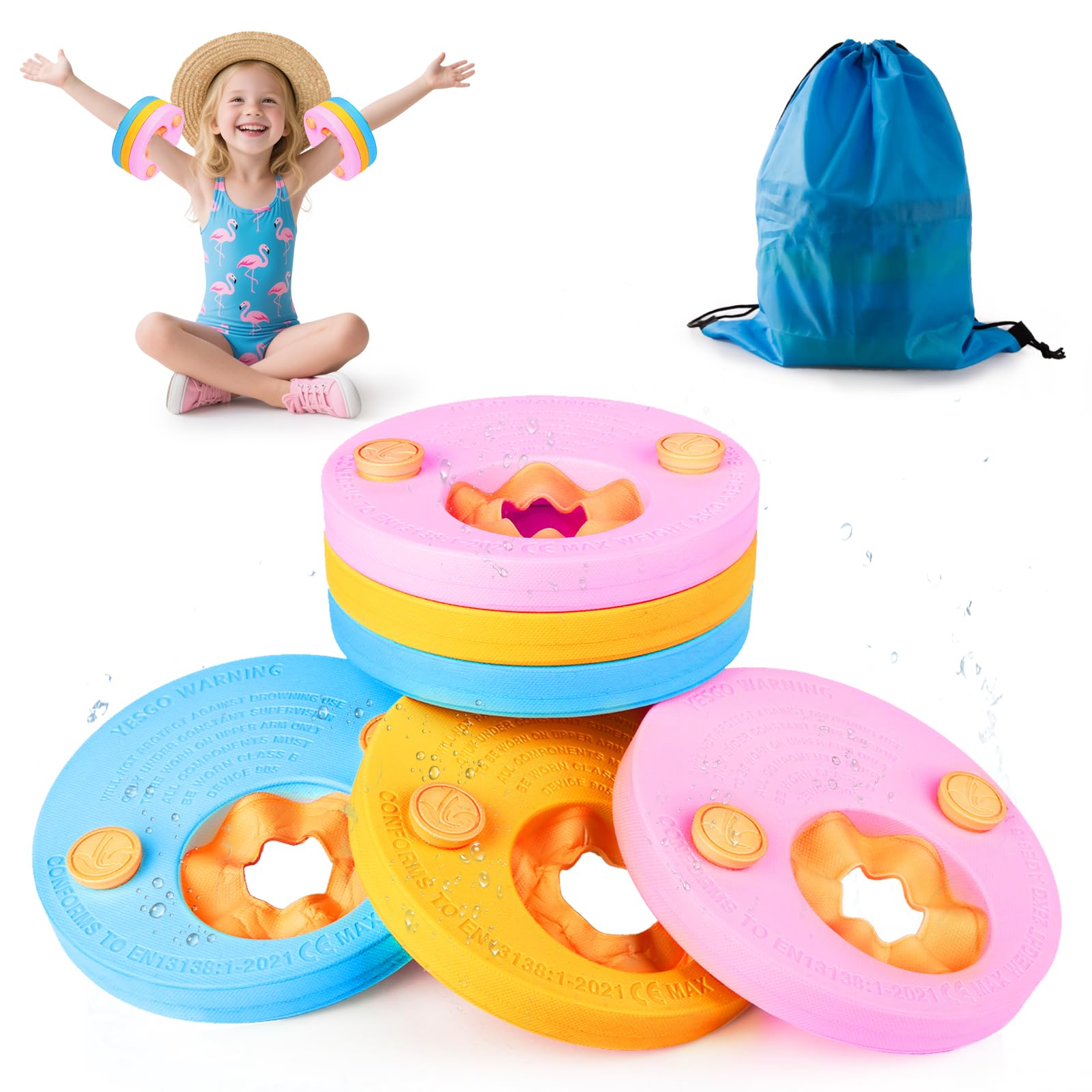 Manguitos de natación para niños, 6 unidades, discos de natación para niños y niñas, de 3 a 6 años, discos flotantes con bolsa de cordón, EVA con delfín, disco de natación para piscina, playa