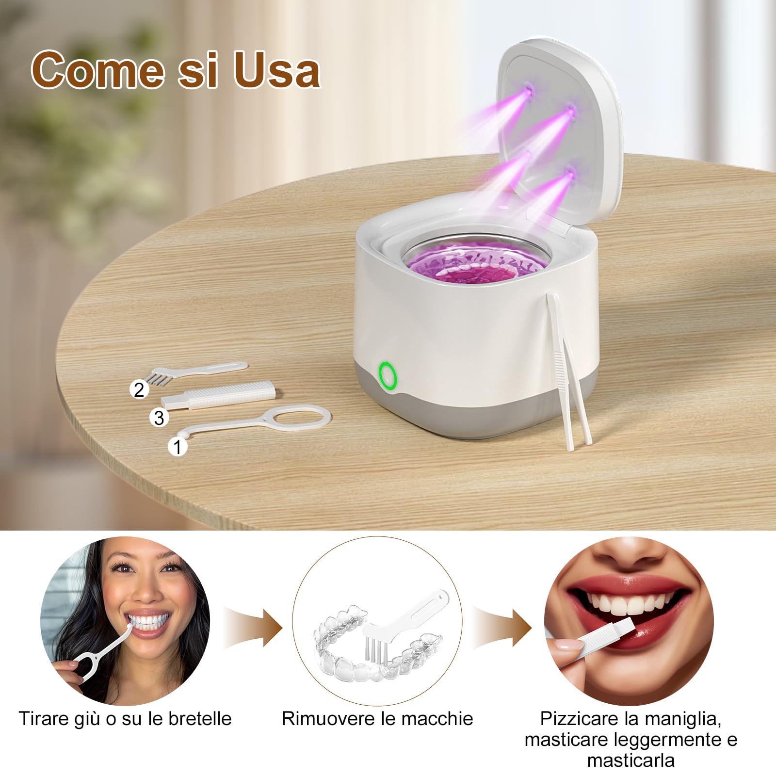Pulitore Ultrasuoni Portatile 45000Hz con Luce UV | 24W | 200ML | Ultrasonic Cleaner per Protesi, Bite, Allineatori, Ferule Dentali e Gioielli