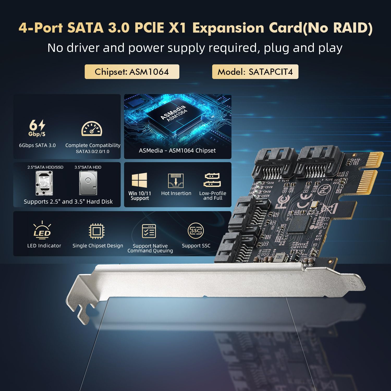 Binardat Tarjeta PCIE X1 a SATA de 4 Puertos, Controlador de 6 Gbps, 4 Cables y Soporte de Perfil Bajo, para Windows 10/11