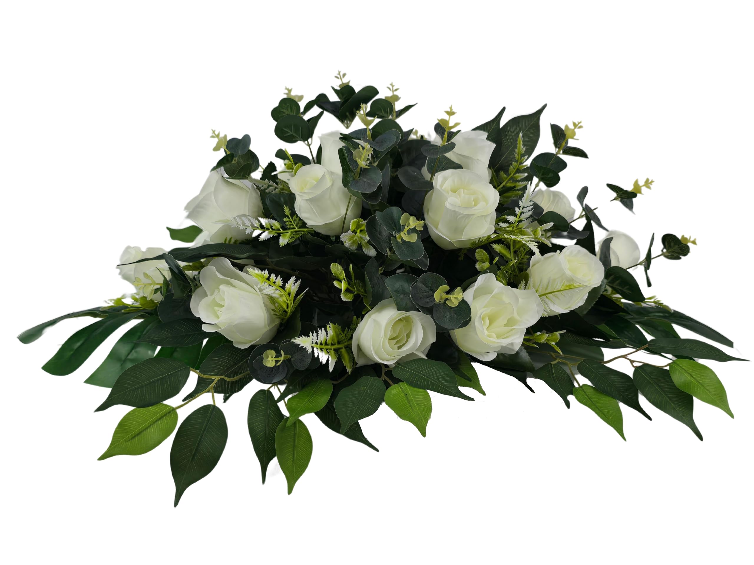 DRW Centro de Flores cojin Cementerio, procesiones, Iglesias Bodas o sepulturas Rosas Blancas y eucalipto Estilo Barco Artificiales 74x50x30