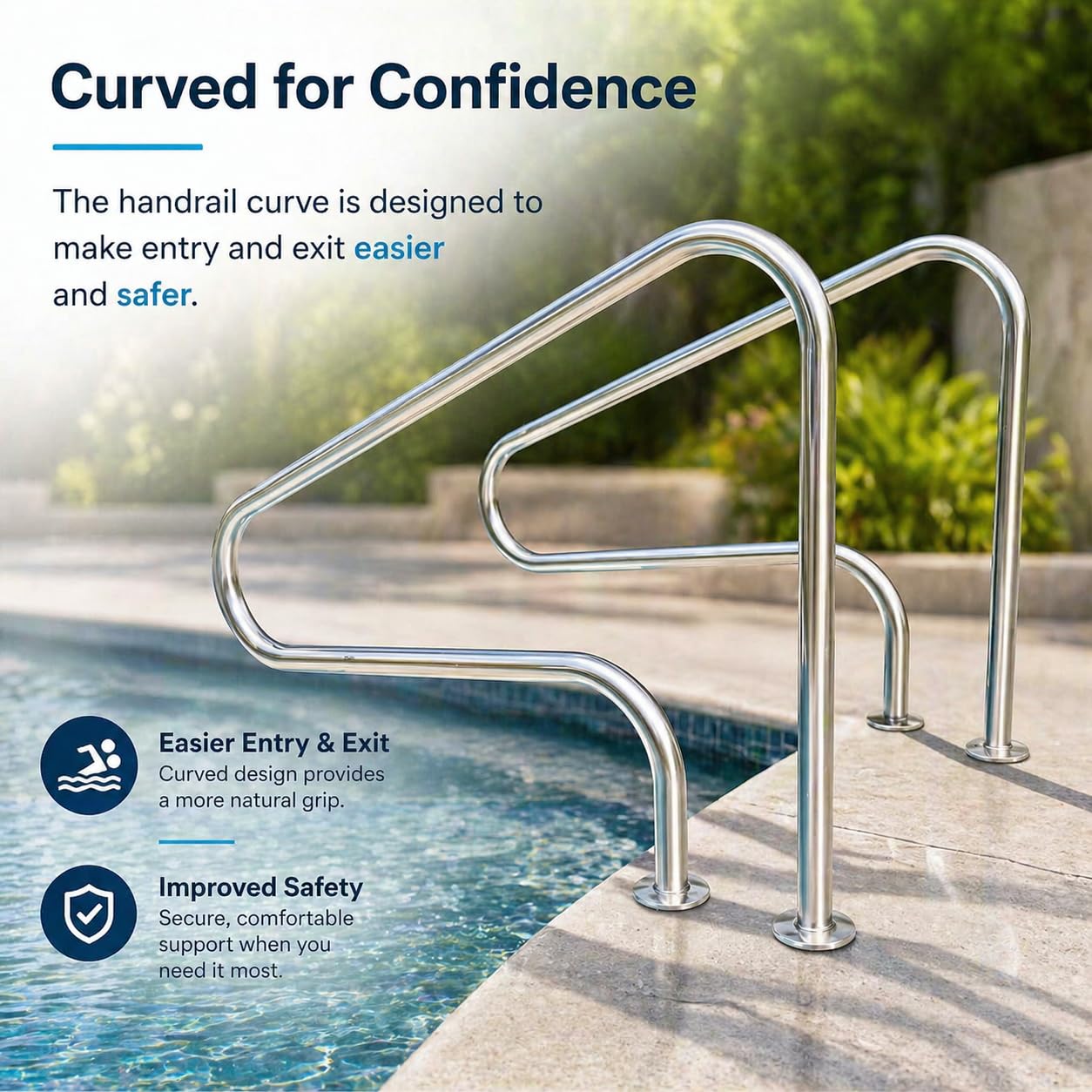 Main courante de piscine en acier inoxydable 316, épaisseur 0,15 cm, argent