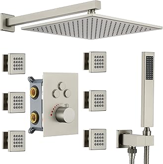 Luxury Thermostatic Rain Shower System with 6 Body Shower Jets & Shower Head, Brushed Nickel Wall Mount Shower Faucet Set Complete with Push Button Thermostatic Valve & Shower Handheld