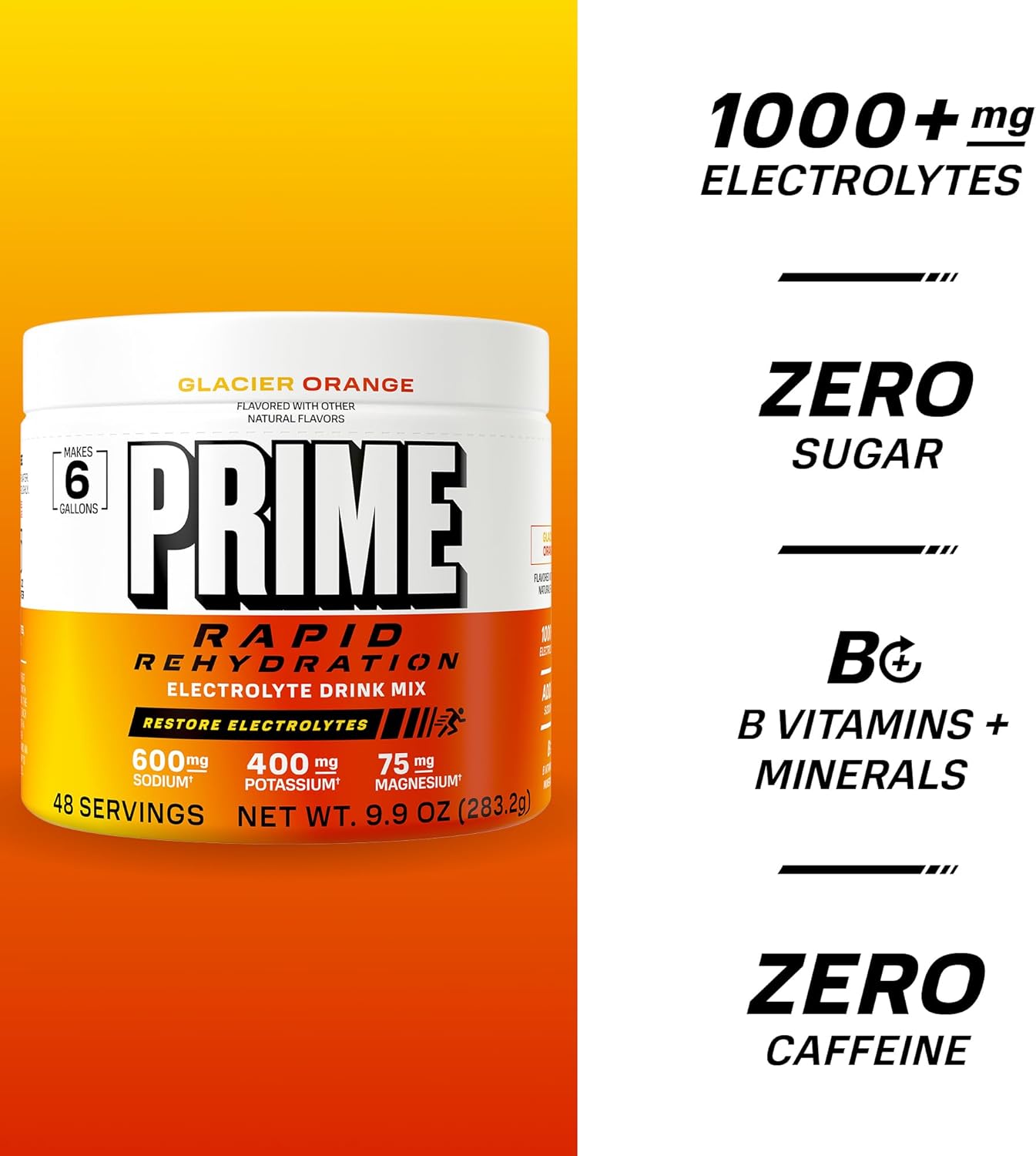 Prime Rapid Rehydration Electrolyte Powder, Glacier Orange, Sugar Free Hydration Drink Mix with Sodium, Potassium, Magnesium & B Vitamins to Replenish Fluids, Caffeine Free, 6 Gallon Tub, 48 SRV