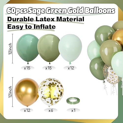 Miniatura 3 de Globos verdes y dorados, globos de confeti verde salvia dorado para fiesta de safari en la selva, decoraciones de cumpleaños de león, globos retro
