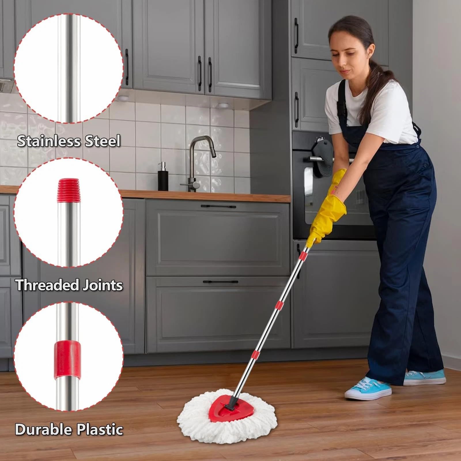 Spin Mop Ricambio Testa Spin Mop Ricariche Compatibile con O Cedar 1-Tank Spin Mop Maniglia, 3 ricariche in microfibra, 1 copertura per testa triangolare, 1 testa di lavaggio e manico per Ocedar