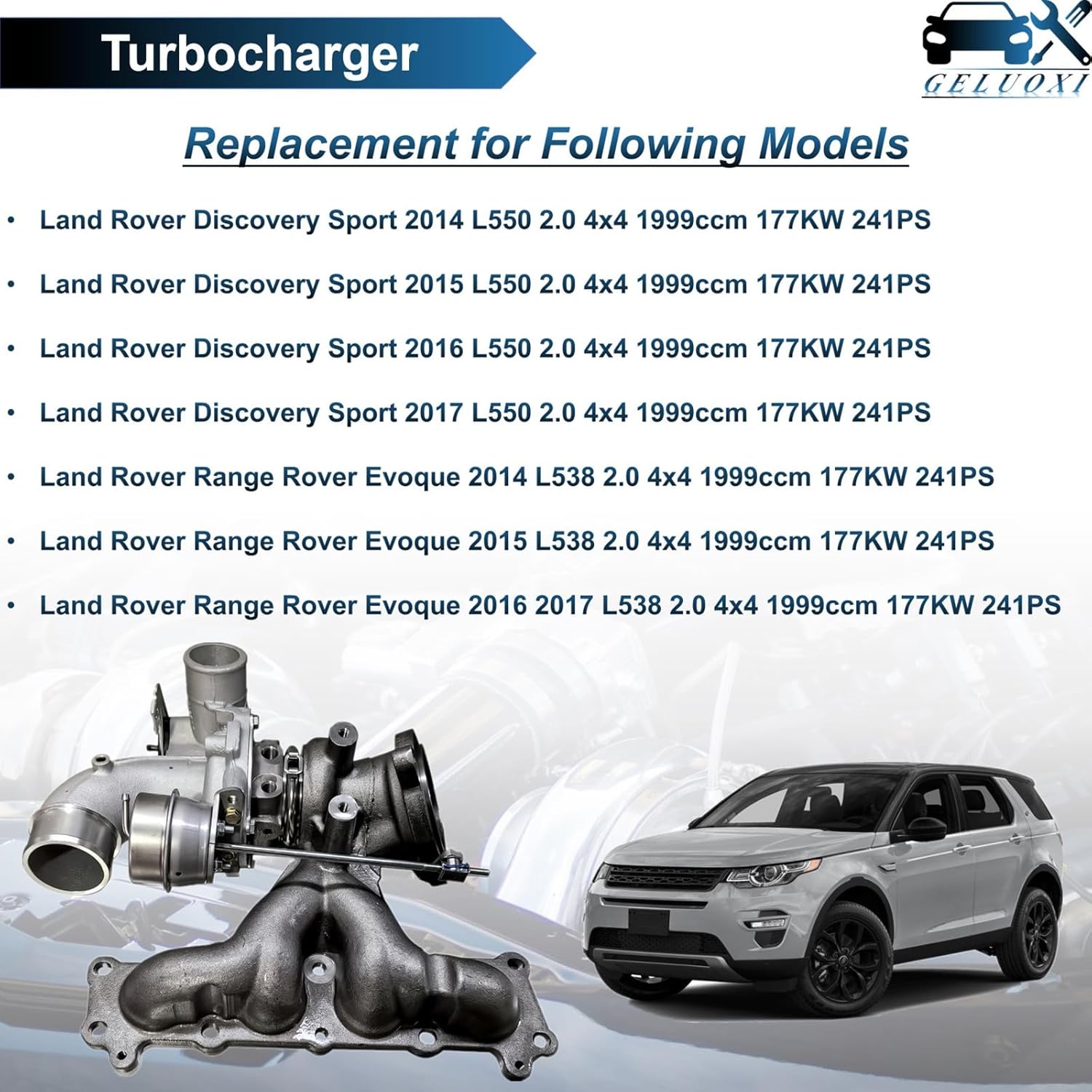 GELUOXI LR049650 Turbocharger Replacement for Land Rover Discovery Sport L550 2.0 / Range Rover Evoque L538 2.0 2014-2017#LR068227 Turbo Charger