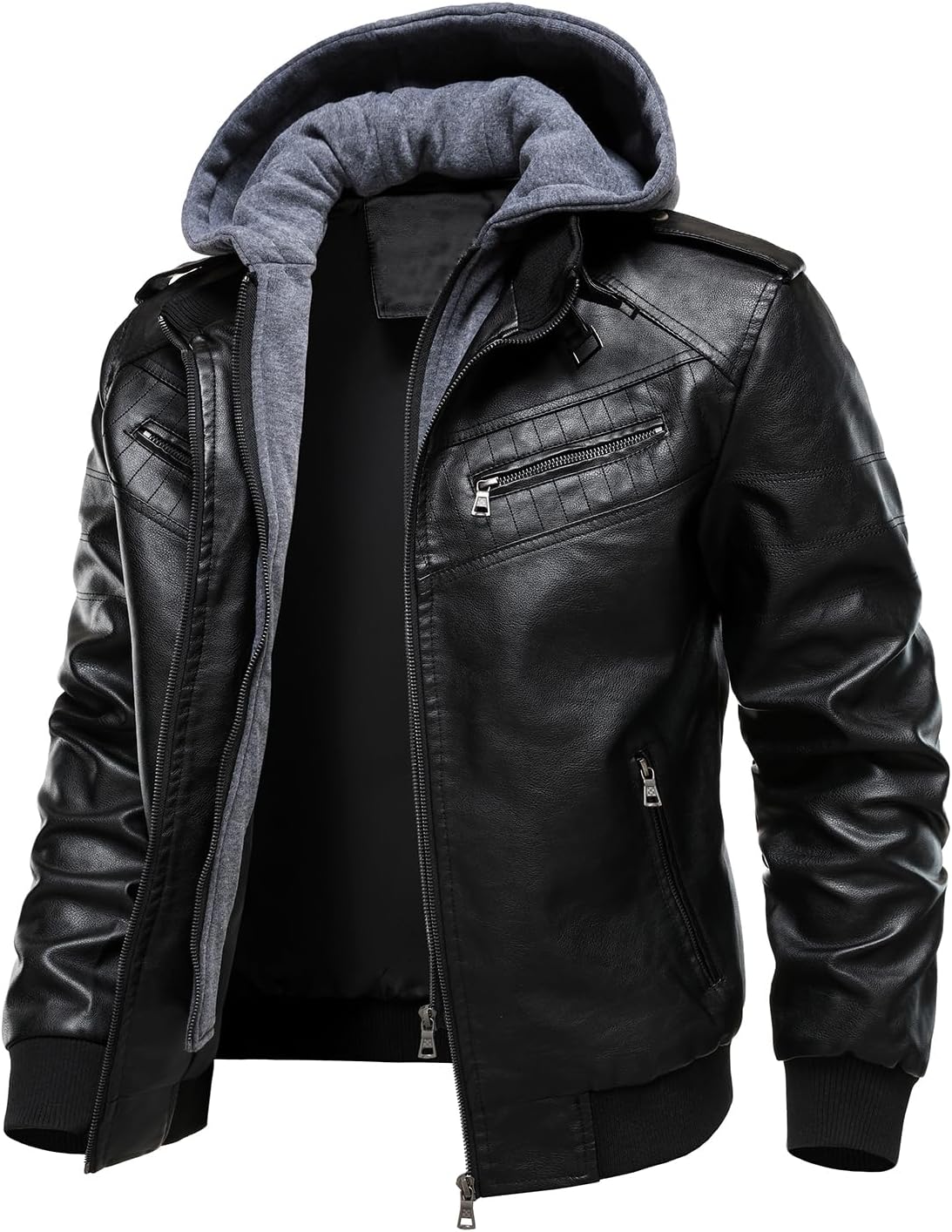 HOOD CREW Men's Leather Jackets Faux Bomber Jacket for Men Motorcycle Zip-Up Biker Coat With Hoodie