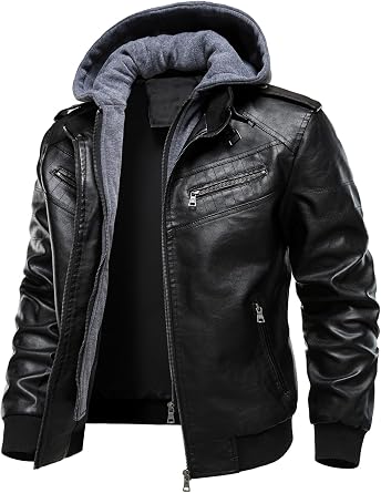 HOOD CREW Mens Leather Jackets Faux Bomber Jacket for Men Motorcycle Zip-Up Biker Coat With Hoodie