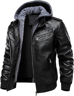 HOOD CREW Men's Leather Jackets Faux Bomber Jacket for Men Motorcycle Zip-Up Biker Coat With Hoodie