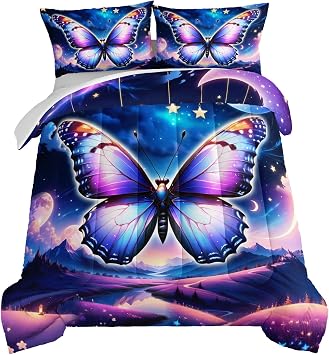 HOSIMA Fantasy Butterfly Comforter Kids Bedding Set Twin Size,Blue Starry Sky Moon Star Partten Comforter Set,Beautiful Butterfly Themed Bedding Set for Boys Girls Room Decor with 2 Pillowcases.