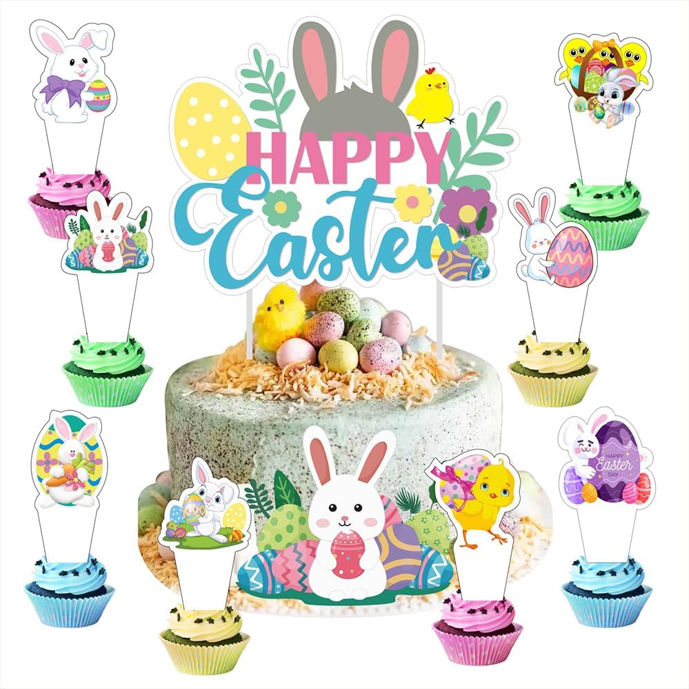 25pcs Easter Cake Decorations Includes 1pcs Cake Topper and 24pcs Cupcake Toppers for Kids Easter Party Supplies