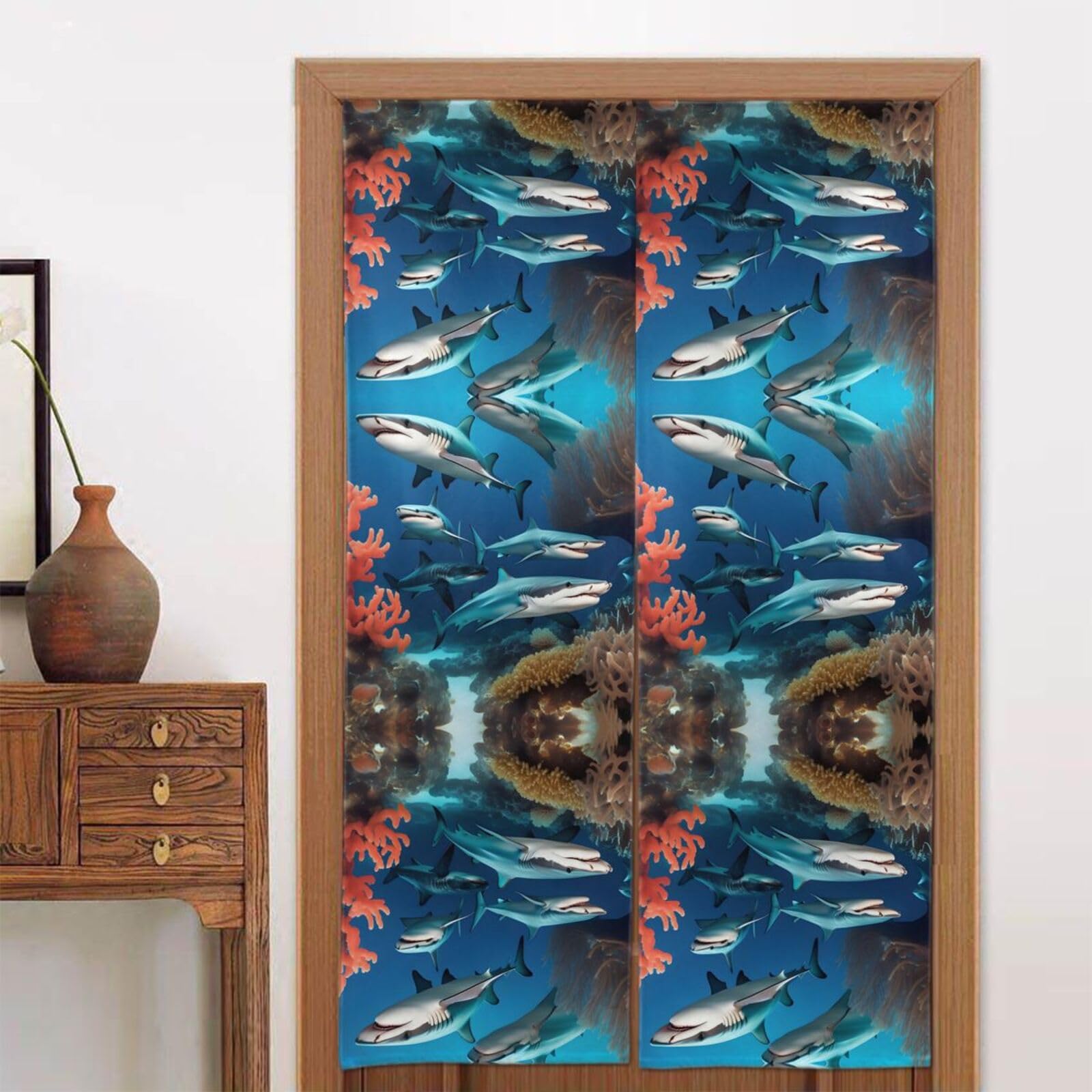 CNTDBU Submarine shark coral Door Curtain 34x56 Inch-Room Divider Panel for Privacy, Entryway Screen for Kitchen Bedroom