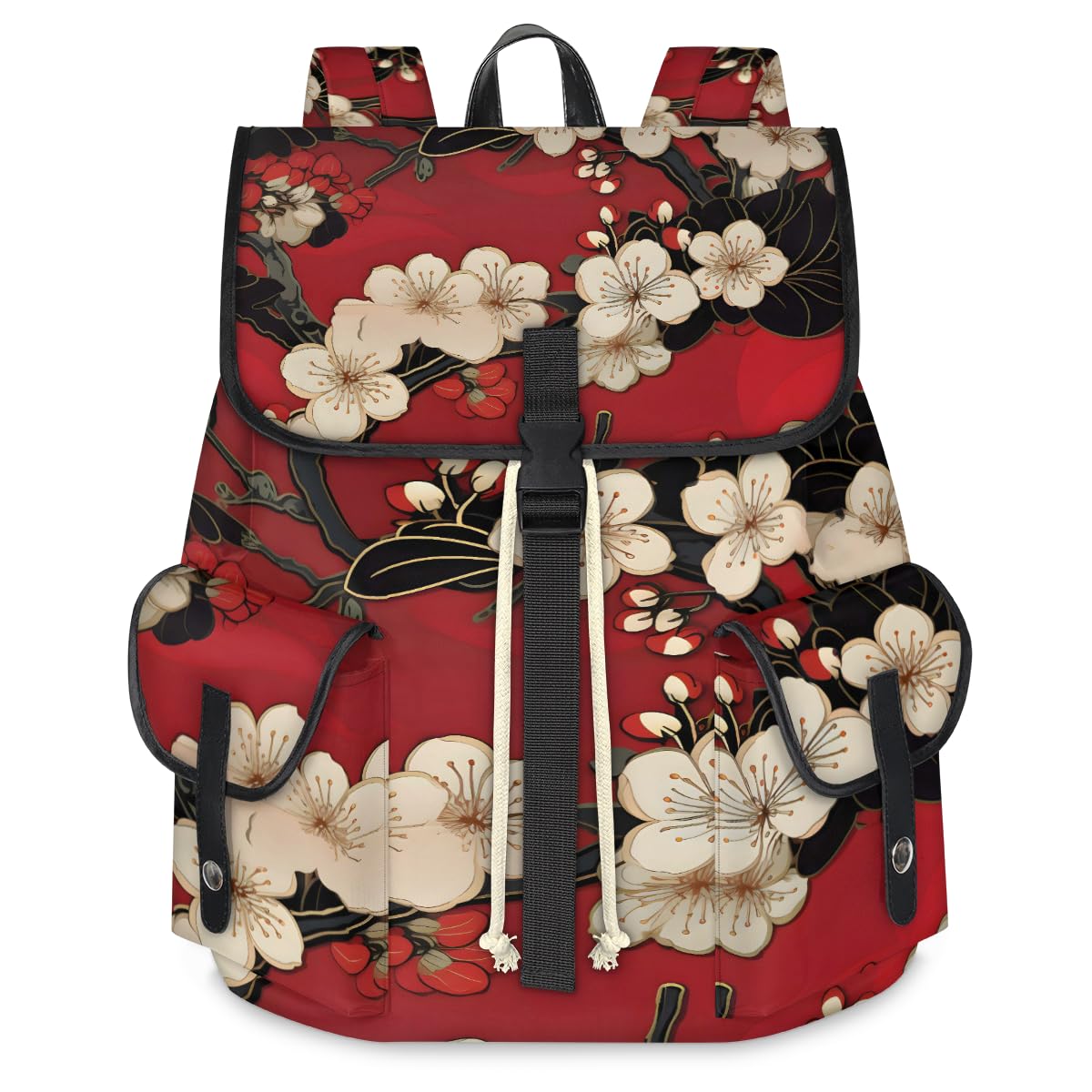 Red Floral Cherry Blossom Travel Laptop Backpack for Women Men Large Capacity Waterproof 15 Inch Computer Drawstring Nurse Casual Daypack for Travel Sports