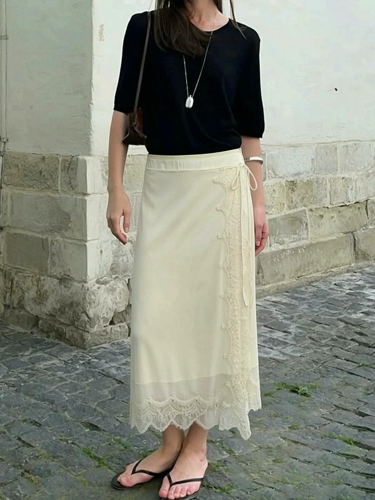Gonna Lunga Donne Avvolgere Cravatta Vita Midi Scalloped Pizzo Trim Leggero Chiffon Flowy Split Casual Giornaliero Vacanza Abbigliamento Fondo-Beige-l