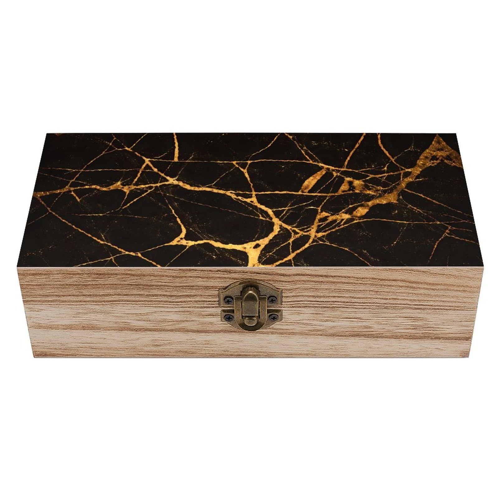 SMAZDFXX Black Gold Marble Wooden Storage Box With Hinged Lid Decorative Front Clasp Keepsake Boxes