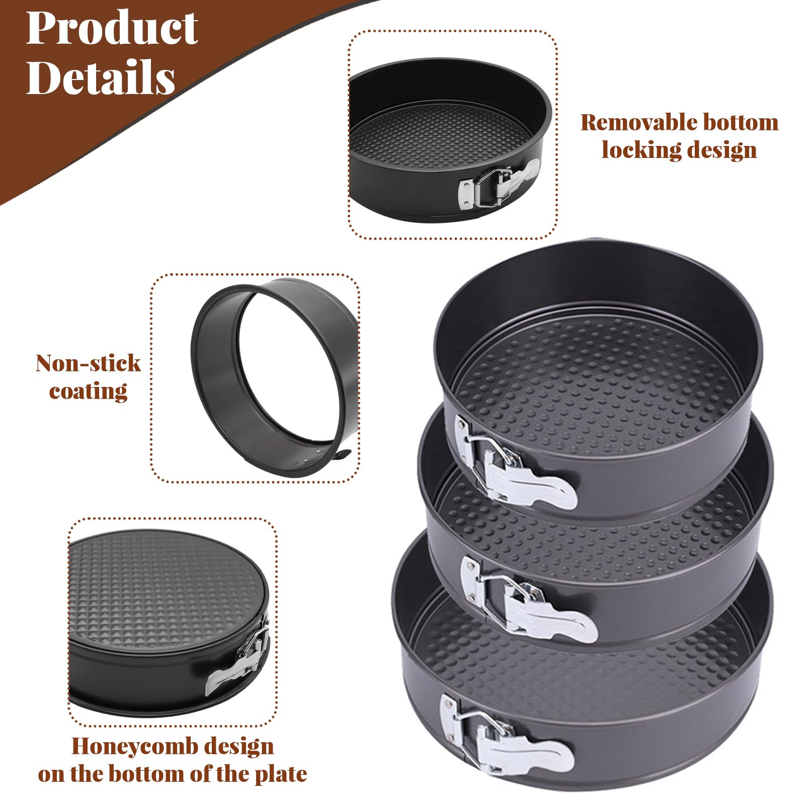 3 Stück Rund Springform, 20/22/24 CM Kuchenform, Abnehmbarer Antihaftboden Springformen, Kohlenstoffstahl Backformen Geeignet zum Backen Aller Arten von Kuchen und Broten