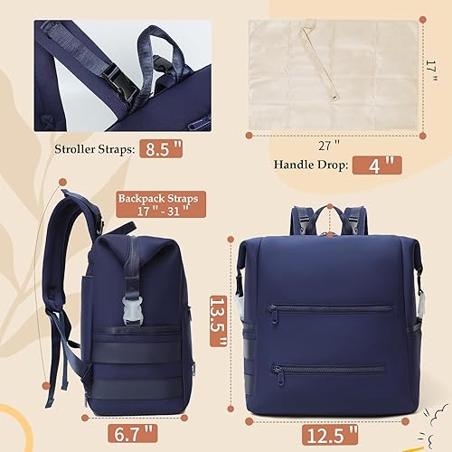 Miniatura 5 de Mochila para pañales, bolsa grande de neopreno para niños y niñas con 15 organizadores de bolsas de pañales, 2 bolsillos aislados, cambiador,