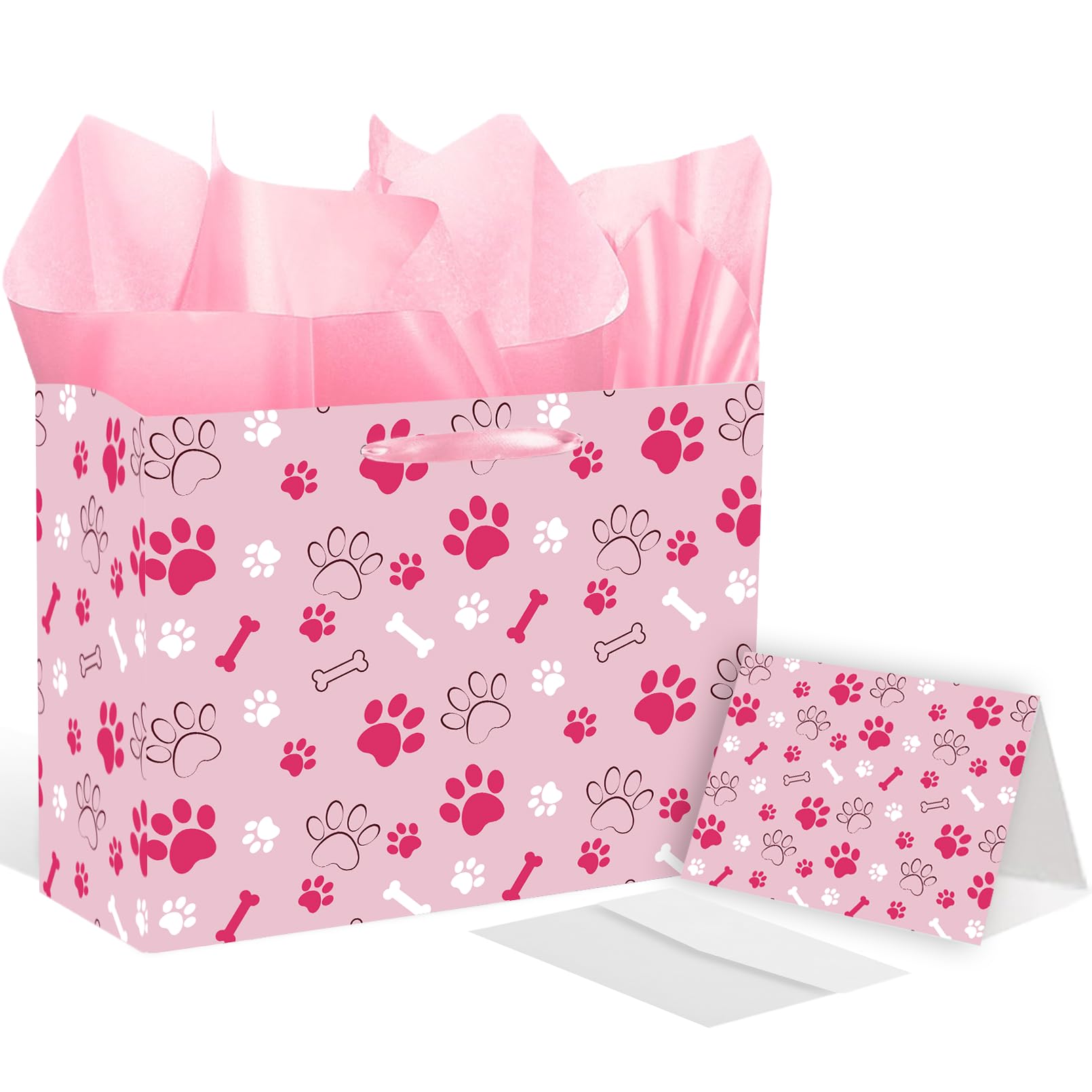 Pink Dog Paw Print Gift Bag Large Dog Birthday Gift Bag Paw Print Wrapping paper with Tissue Paper and & Card for Girl Boy Young Puppy Party Decorations Pet Themed Celebrations Birthday Party