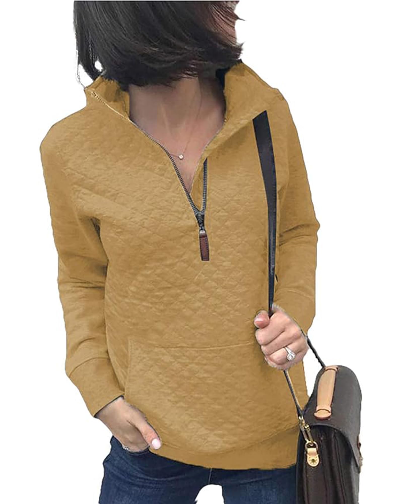 BTFBM Quarter Zip Sweatshirt For Women Fall Outfits,Apricot,M