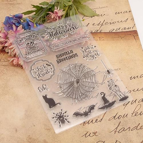 Miniatura 5 de Arbuya Sello transparente de Halloween Sentiment para hacer tarjetas o diario de Halloween, telaraña, gato, murciélago, sellos de goma para álbumes