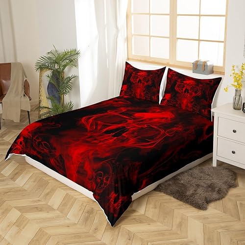 Miniatura 2 de Juego de ropa de cama de calavera gótica de Halloween, funda de edredón de esqueleto rojo y negro, tamaño matrimonial para niños, adolescentes,