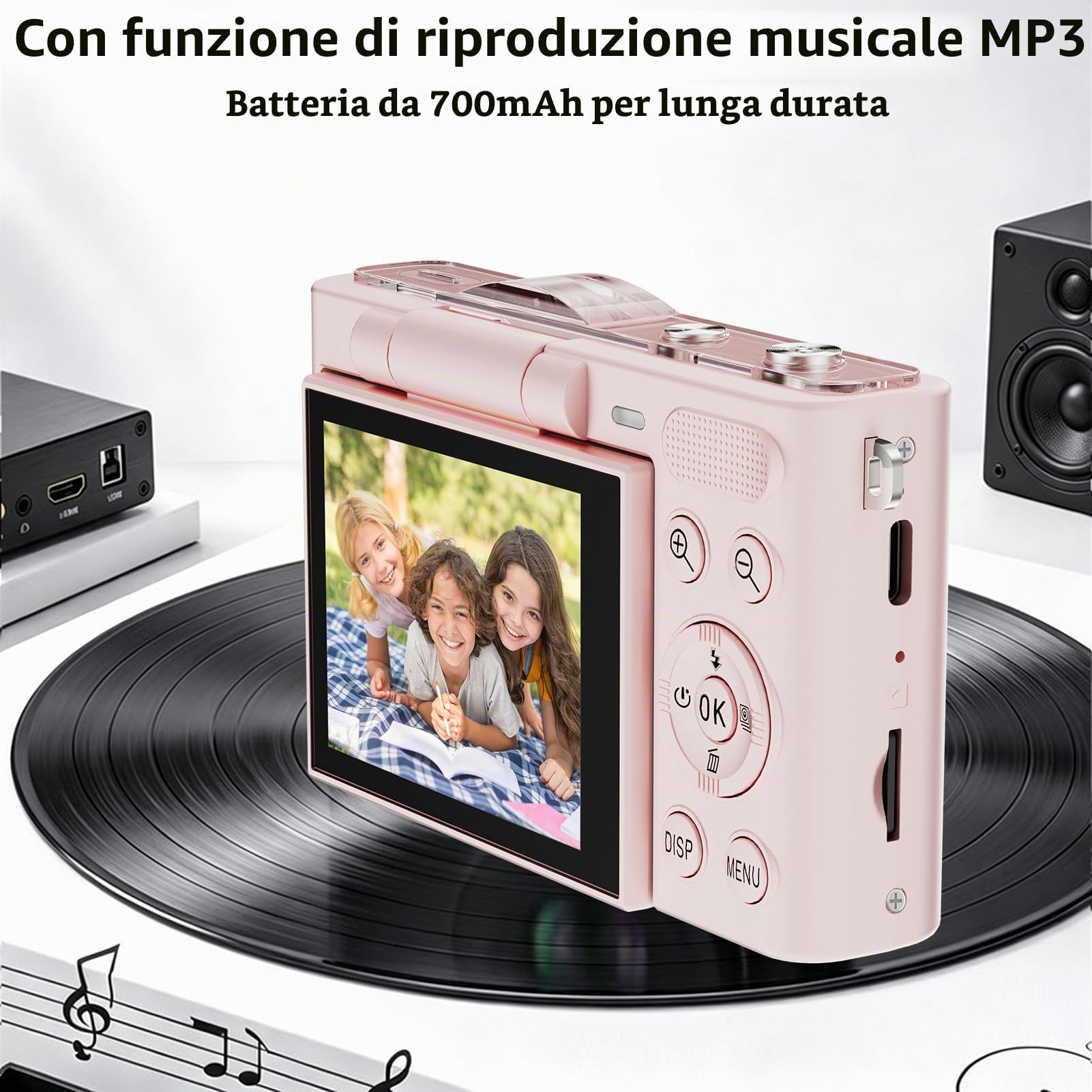 Fotocamera Digitale 4K con Scheda TF da 32 GB, Fotocamera da Viaggio 64 MP, Zoom 16x, Obiettivo Grandangolare 76°, Schermo Pieghevole 180°, Filtri Multipli con