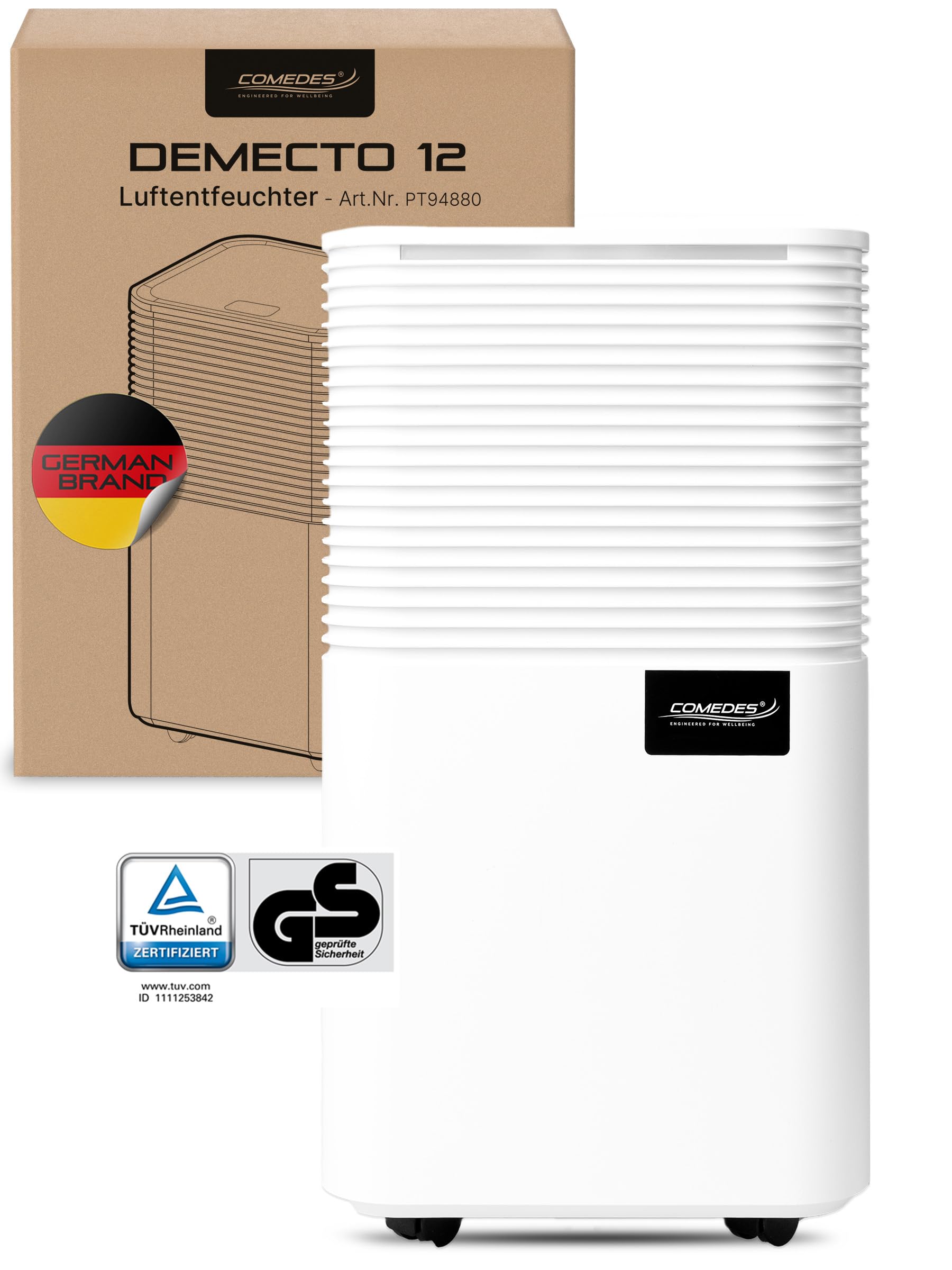 Comedes® Demecto 12 l/ 24 h – cichy osuszacz z rolkami – ciche i energooszczędne osuszanie powietrza do pomieszczeń mieszkalnych i biur do 25 m²/125 m³ – Demecto 12 Dehumidifier