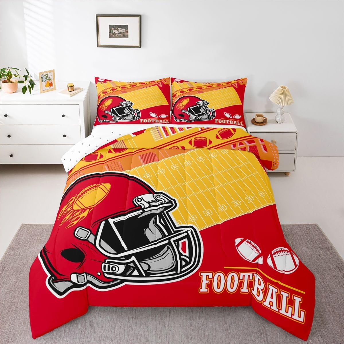 Erosebridal Football City Comforter Boys Bedding Sets Queen Football Fans Gamer Room Decor for Boys,Rugby Sports Bed Set Gifts for Kids Teen Adults Men Yellow Red Quilt Duvet 3 Pcs (Kansas)