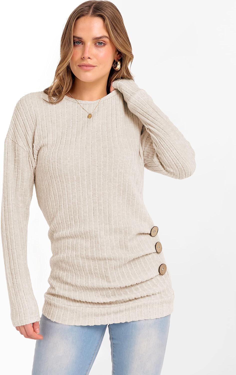 ANRABESS Womens Long Sleeve Tunic Top 2025 Fall Sweaters Lightweight Ribbed Knit Buttons Shirts Casual Work Outfits - Image 2