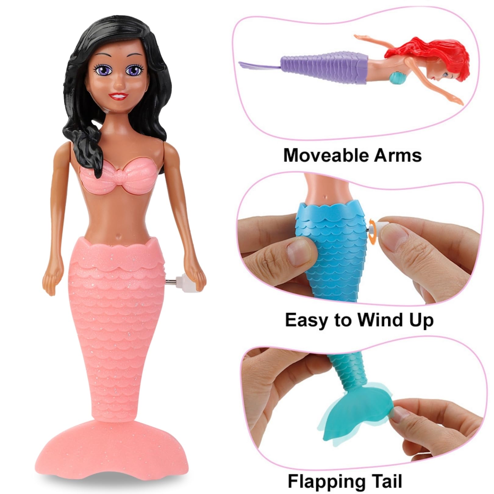 Mermaid Bath Toys for Toddlers Kids Girls - Princess Wind Up Tail Flap Floating Water Bathtub Toys, Swimming Pool Bathing Time Fun (4 Pack)