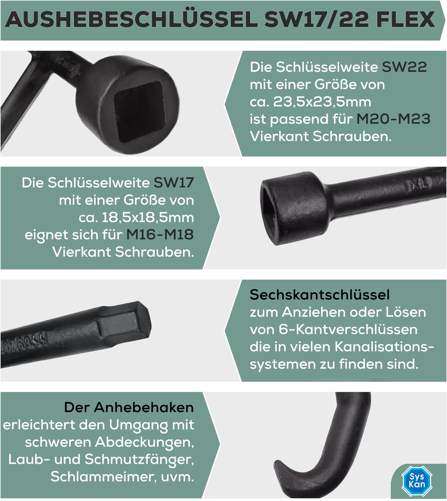 Clé De Démontage Et Clé De Commande Pour Couvercle De Regard Carré SW 17/22, Galvanisé, Couvercle De Canal, Clé, Outil, DIN478, M16-18, M20-23 Flex (Black Ed
