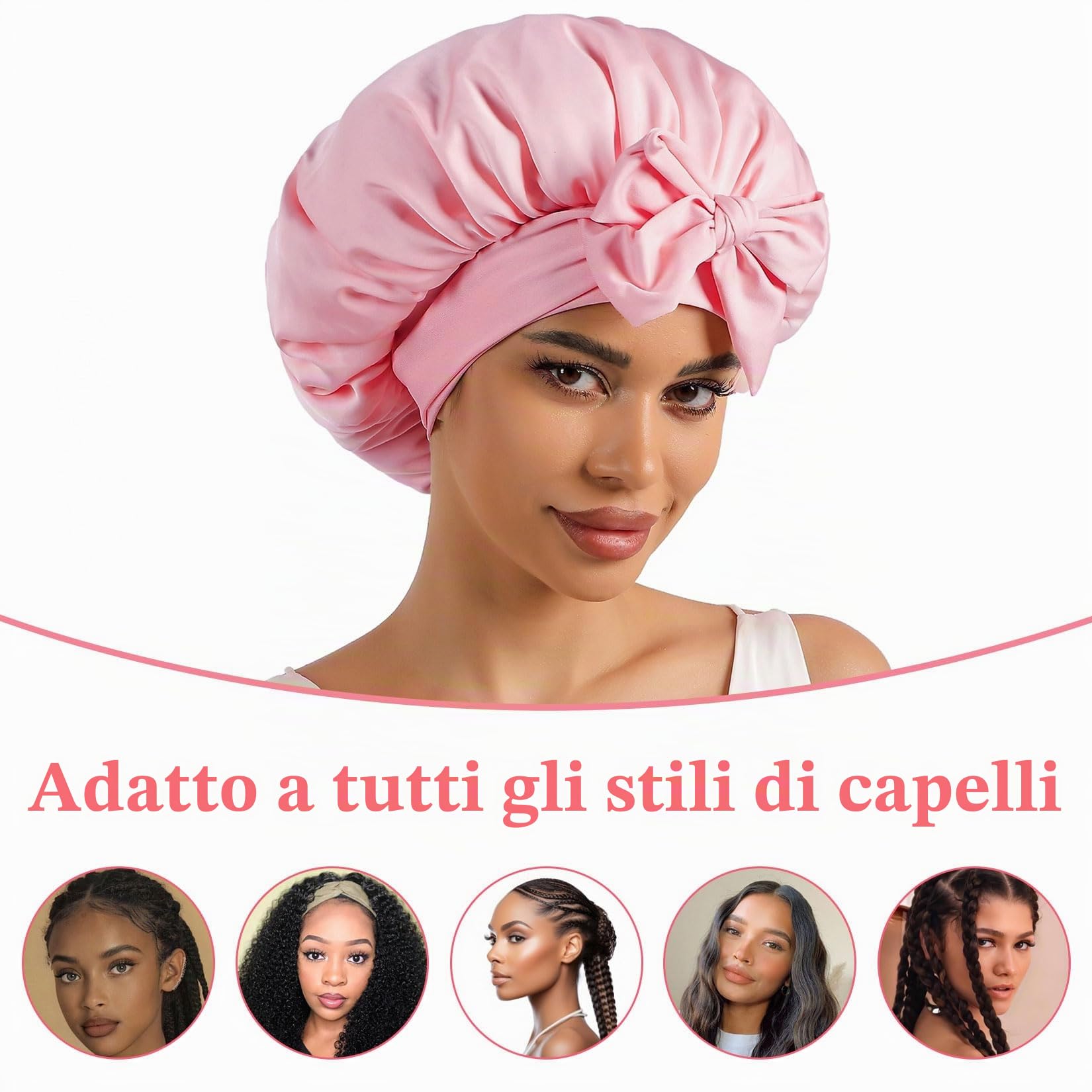 2 Pz Cuffia Seta Capelli Notte Ricci, Silk Bonnet Seta per Capelli Ricci, Cuffia in Setas per Dormire, Cuffie per Dormire Capello Lunghi Corti, Cuffietta in Raso per Notte+ 2 Elastici per Capellio