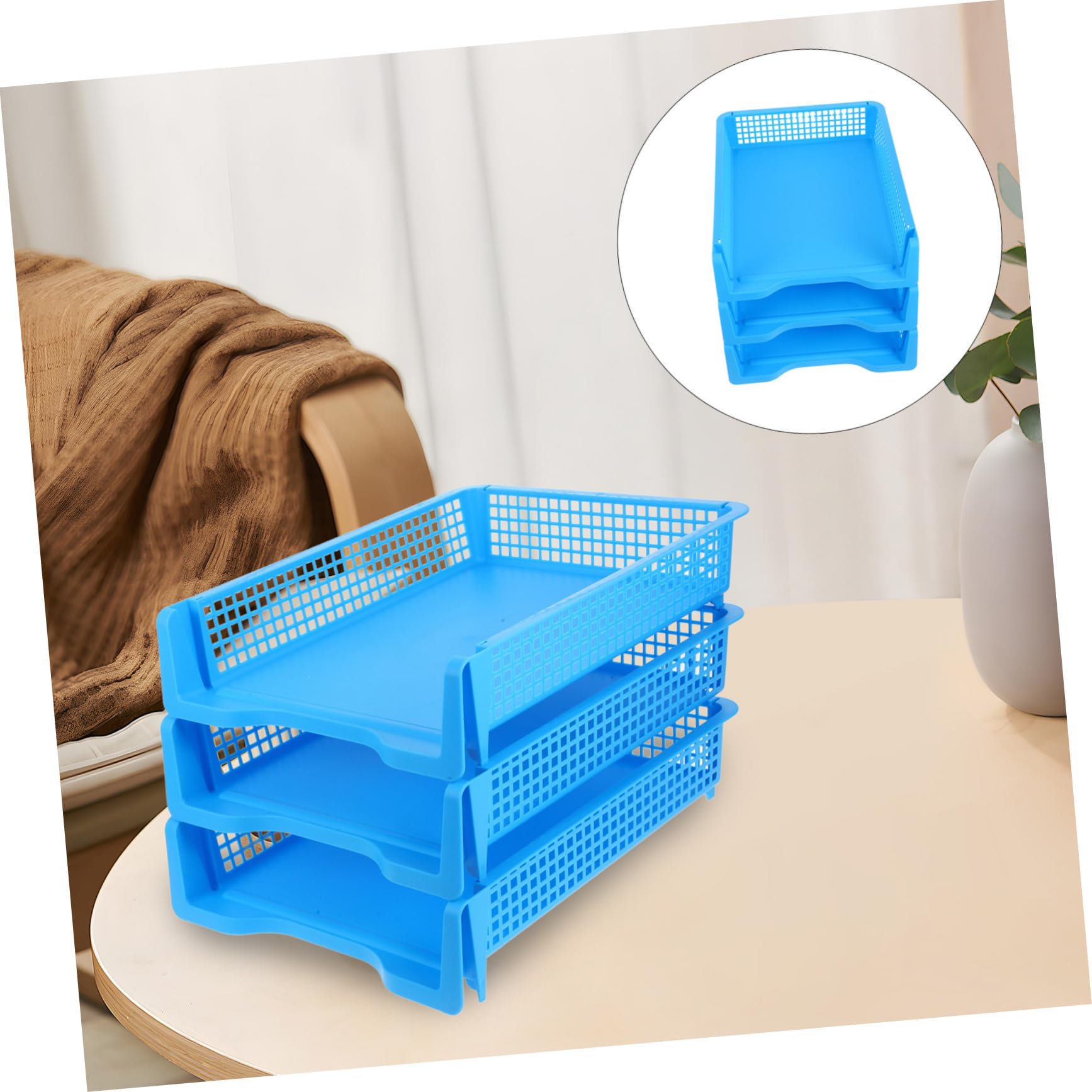 Homoyoyo Set da 3 Vaschette Portadocumenti Impilabili in Plastica Blu, Organizer Multifunzionale per Ufficio e Aula Design Minimale e Funzionalità Versatile