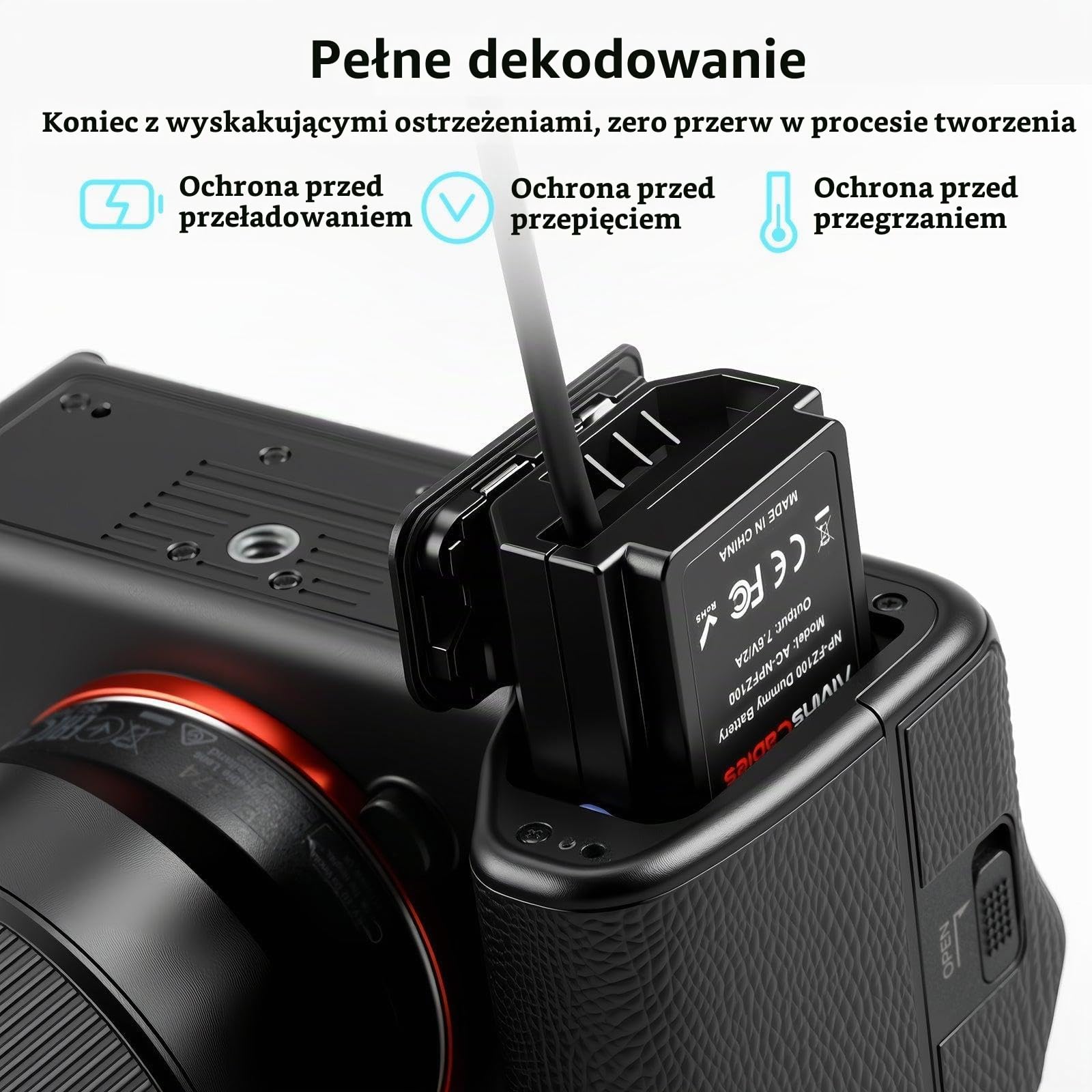 Alvin's Cables NP-FZ100 atrapa bateria na D kran zwijany kabel zasilający do Sony A7III A7R A9 ILCE-9 aparat cyfrowy