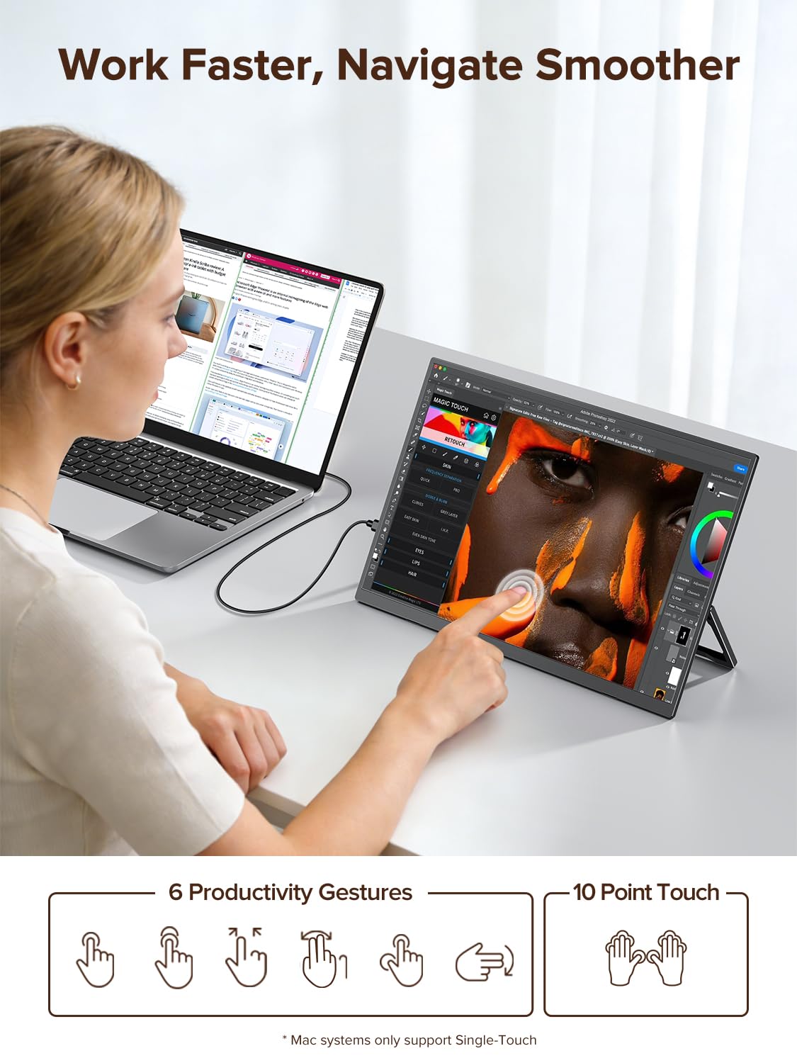 Newsoul 15,6" Przenośny monitor dotykowy, 10-punktowym dotyk z IPS 1080P 125% sRGB 1500:1, stojak 180° i VESA, złącze HDMI i USB-C drugi ekran do laptopa/PC/Mac/PS5/Xbox