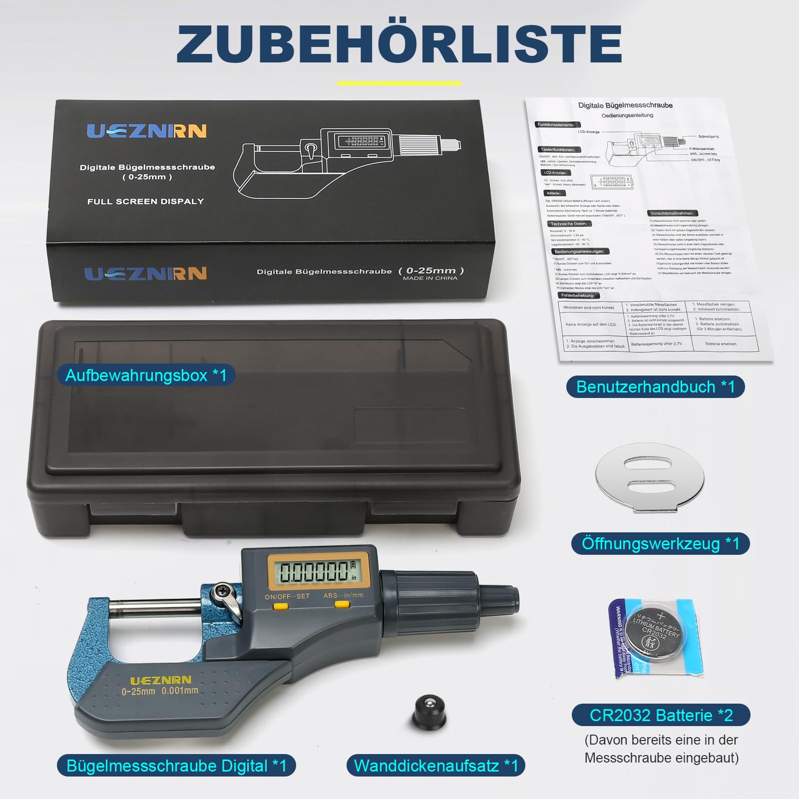 Ueznirn Calibro digitale 0-25 mm 0,001 mm/0,00003" | Micrometro digitale ad alta precisione, misuratore digitale LCD, con attacco per spessore della parete